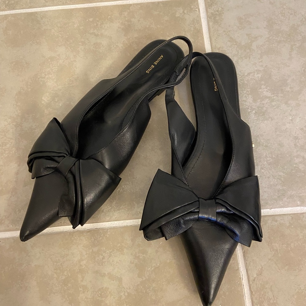 Anine Bing Black Pointed Slingback Mules with Bow